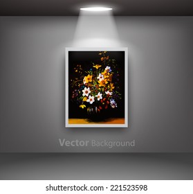 Painting of vase with flowers hanging from dark gallery wall. Fully editable eps10