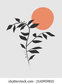 Painting Vector Art Illustration 1 - Branch Sun Background Abstract Asian Hand Drawn Nature Leaf Sunset Sunrise Foliage Leaves Plant Spring Straw Decoration Card Summer Floral Blossom Postcard Drawing
