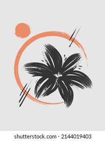 Painting Vector Art Illustration 2 - Lily Flower Sun Background Abstract Asian Hand Drawn Nature Sunset Sunrise Foliage Plant Spring Paint Strokes Decoration Card Summer Floral Japan Postcard Drawing