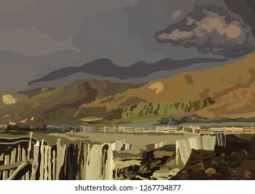 painting vector night landscape mountain view in the village  