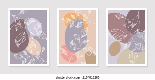 Painting vector set. Contour leaf pattern with an abstract shape of a colored patch. Abstract floral design for print paintings, covers and backgrounds, wallpapers