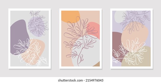 Painting vector set. Contour leaf pattern with an abstract shape of a colored patch. Abstract floral design for print paintings, covers and backgrounds, wallpapers. Vector illustration
