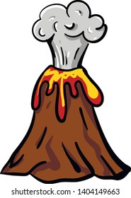 Painting of the volcano exploding in fiery when molten rock, ash, and steam pour through a vent in the earth's crust, vector, color drawing or illustration.