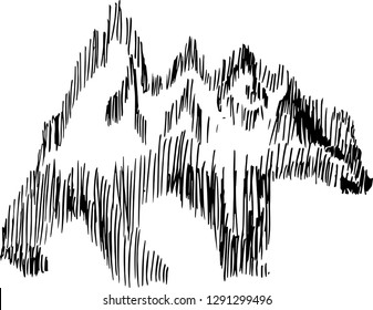 Painting with a walking bear, on his back are mountains. 