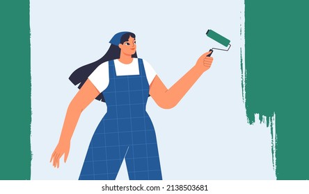 Painting a wall in color. Woman  holding a paint roller and renovating a room, house. Interior design, renovation, decoration concept. Painter at the work. Flat vector illustration