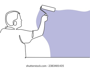 Painting wall one continuous line drawing. Person with paint roller brush. Vector illustration isolated. Minimalist design handdrawn.