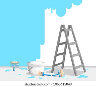 Painting wall with paint roll, brush and ladder. Bright blue paint in buckets. Painter job concept. Vector illustration. Web site page and mobile app design.
