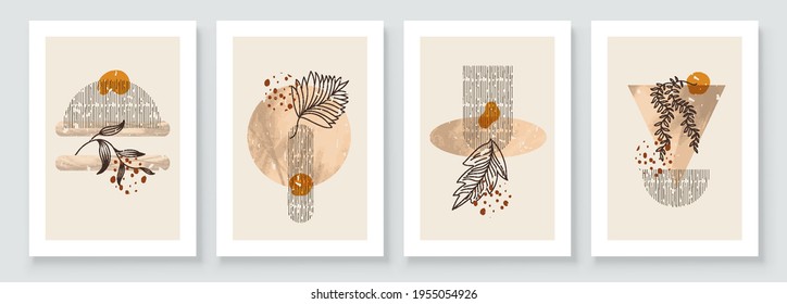 Painting Wall Pictures Home Room Decor. Modern Abstract Art Botanical Wall Art. Boho. Minimal Art Flower on Geometric Shapes Background. Abstract Plant Art design.