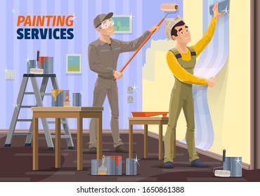 Painting and wallpapering service vector design of interior design and home renovation. House painter painting wall and decorator applying wallpaper with paint roller, smoothing scraper, glue, brush