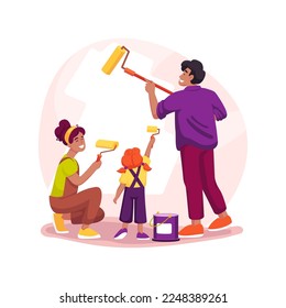 Painting the walls indoors isolated cartoon vector illustration. Happy family members painting a room in bright color, doing home renovation together, children help parents vector cartoon.