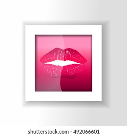 Painting in white frame Lips on a red background with a glow. Romantic abstraction. Vector illustration. EPS10
