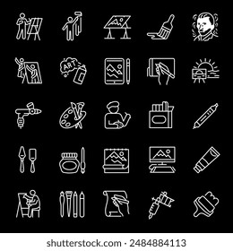 Painting, white line icons. Tools and symbols for drawing and visual arts. Ideal for creative and artistic themes. Symbols on black background. Editable stroke.