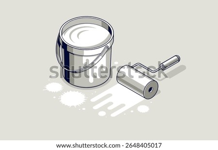 Painting whitewash walls interior vector 3D isometric illustration, diy renovation, whitening residential flat renovate, apartment or house interior decoration.