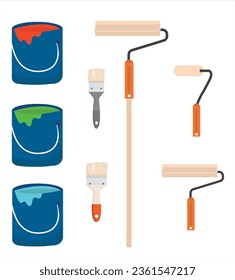Painting, whitewashing tools. Painting, whitewashing item vector set illustration