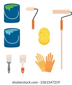 Painting, whitewashing tools. Painting, whitewashing item vector set illustration