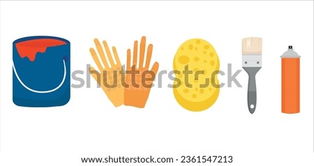 Painting, whitewashing tools. Painting, whitewashing item vector set illustration