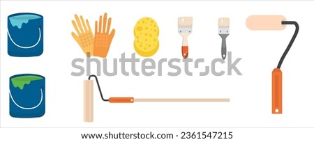 Painting, whitewashing tools. Painting, whitewashing item vector set illustration