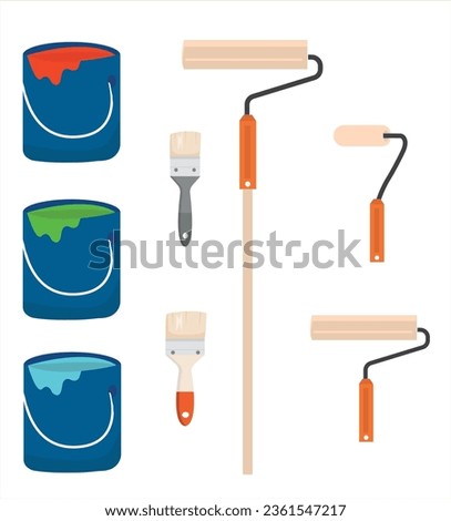 Painting, whitewashing tools. Painting, whitewashing item vector set illustration