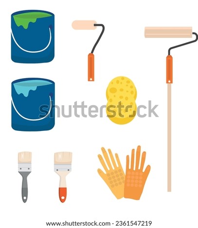 Painting, whitewashing tools. Painting, whitewashing item vector set illustration