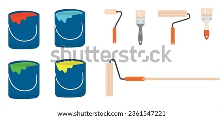 Painting, whitewashing tools. Painting, whitewashing item vector set illustration