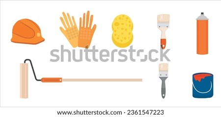 Painting, whitewashing tools. Painting, whitewashing item vector set illustration