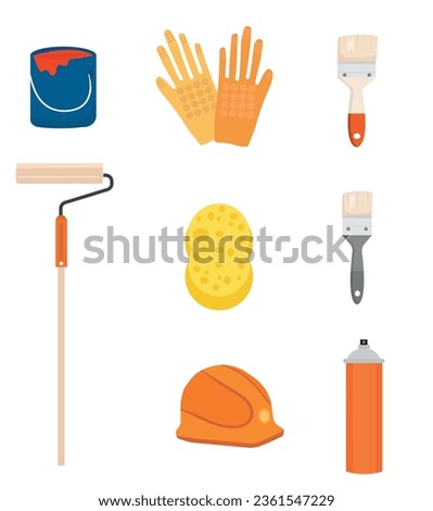 Painting, whitewashing tools. Painting, whitewashing item vector set illustration