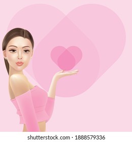 
Painting woman girl in pink dress with heart shape logo
