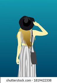 A painting of a woman looking back. the illustration of a woman wearing a striped hat and skirt is being turned back. wall painting vector Illustration