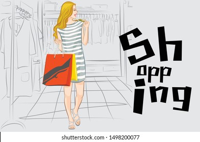 Painting of a woman shopping at a clothing store