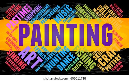 Painting. Word cloud, multicolor font, yellow stripe, grunge background. Hobby.