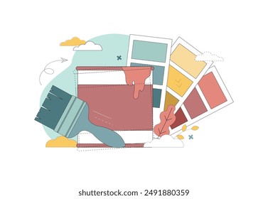 Painting work concept. Interior Design. Selection of paints, flowers. Color palette.