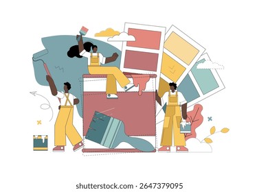 Painting work concept. Interior Design. Painters paint a wall