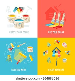 Painting work design concept set with color supplies and equipment flat icons isolated vector illustration