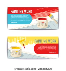 Painting work horizontal banners set with bucket brush and roller isolated vector illustration