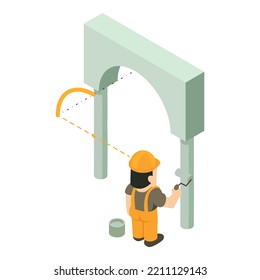 Painting Work Icon Isometric Vector. Painter With Paint Roller Near Arch Icon. Designing, Building, Reconstruction