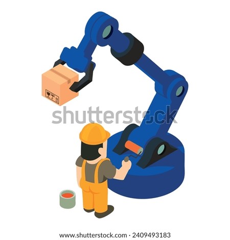 Painting work icon isometric vector. Man with paint roller, warehouse manipulator. Repair, finishing work