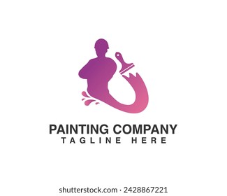 Painting Worker Logo Design. People With Paint Brushes Vector Illustration.