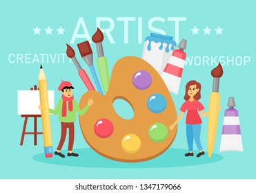 Painting workshop concept. Artist creativity process with paint and brushes.