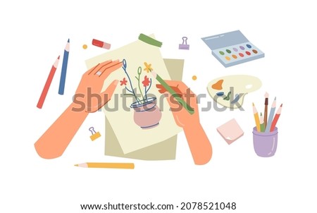 Painting workshop, hands hold paint brush and draw flowers in vase on piece of paper. Vector woman on art therapy lesson, paintbrushes and watercolor brushes, colored pencils, craft handmade