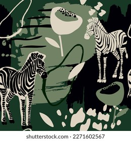 A painting of zebras and a flower. Hand drawn abstract seamless pattern. Creative collage 