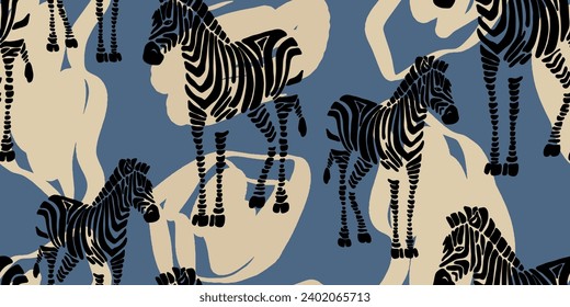 A painting of zebras. Hand drawn abstract seamless pattern. Creative collage