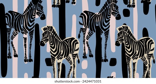 A painting of zebras. Hand drawn abstract seamless pattern. Creative collage
