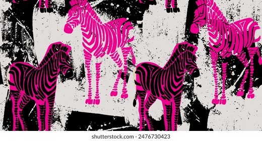 A painting of zebras. Hand drawn abstract seamless pattern. Creative collage
