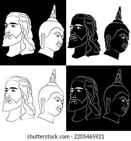 Paintings of the faces of the prophets of Buddhism and Christianity. where the symbol of the largest religion in the world. Vector set. Black and white logo. Jesus and Buddha. Religious prophet.