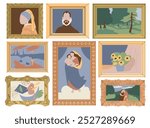 Paintings of famous artists in golden ornamented frames. Portraits, landscapes and still lifes painted with oil paints on canvas. Old works of art. World cultural heritage. Flat vector illustration.