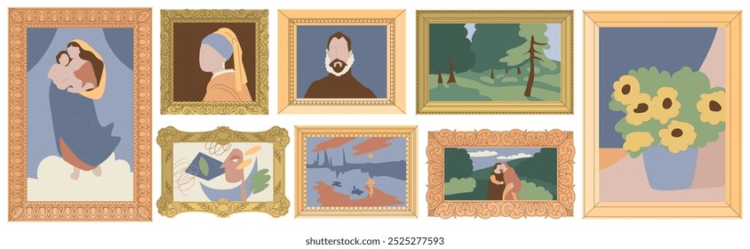 Paintings of famous artists in golden ornamented frames. Portraits, landscapes and still lifes painted with oil paints on canvas. Old works of art. World cultural heritage. Flat vector illustration.