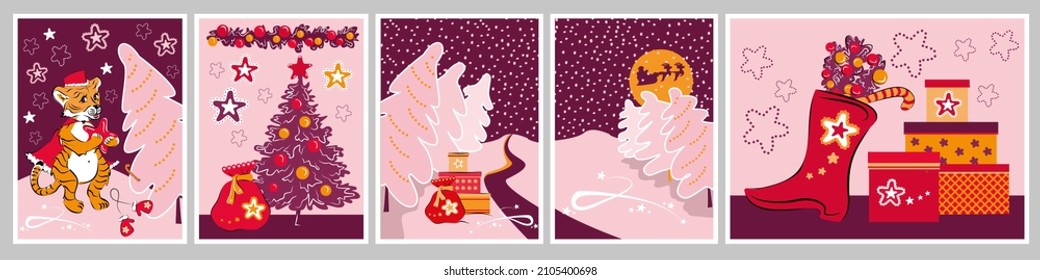 Paintings for New Year's interior. A large New Year's set of character, attributes, plot, tiger, Christmas tree, gifts, sock, boot, Santa Claus, tiger, star. Vector illustration. New Year!