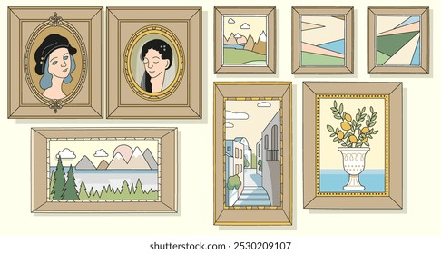 Paintings, Posters, photographs in wooden frames hang on the string. Portraits, landscapes, still lifes in the gallery. Editable outline. Flat vector illustration