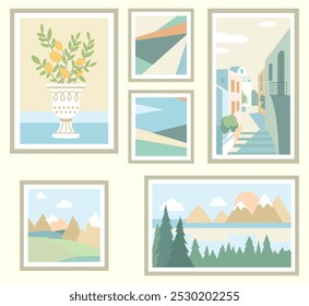 Paintings, Posters, Photos Hang on the String. Landscapes, Still Lifes in the Gallery. Family Memories. Flat Vector Illustration