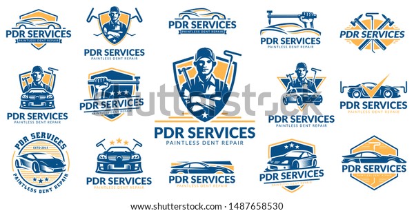 Paintless Dent Repair logo set, PDR service\
logo pack, vector\
collection